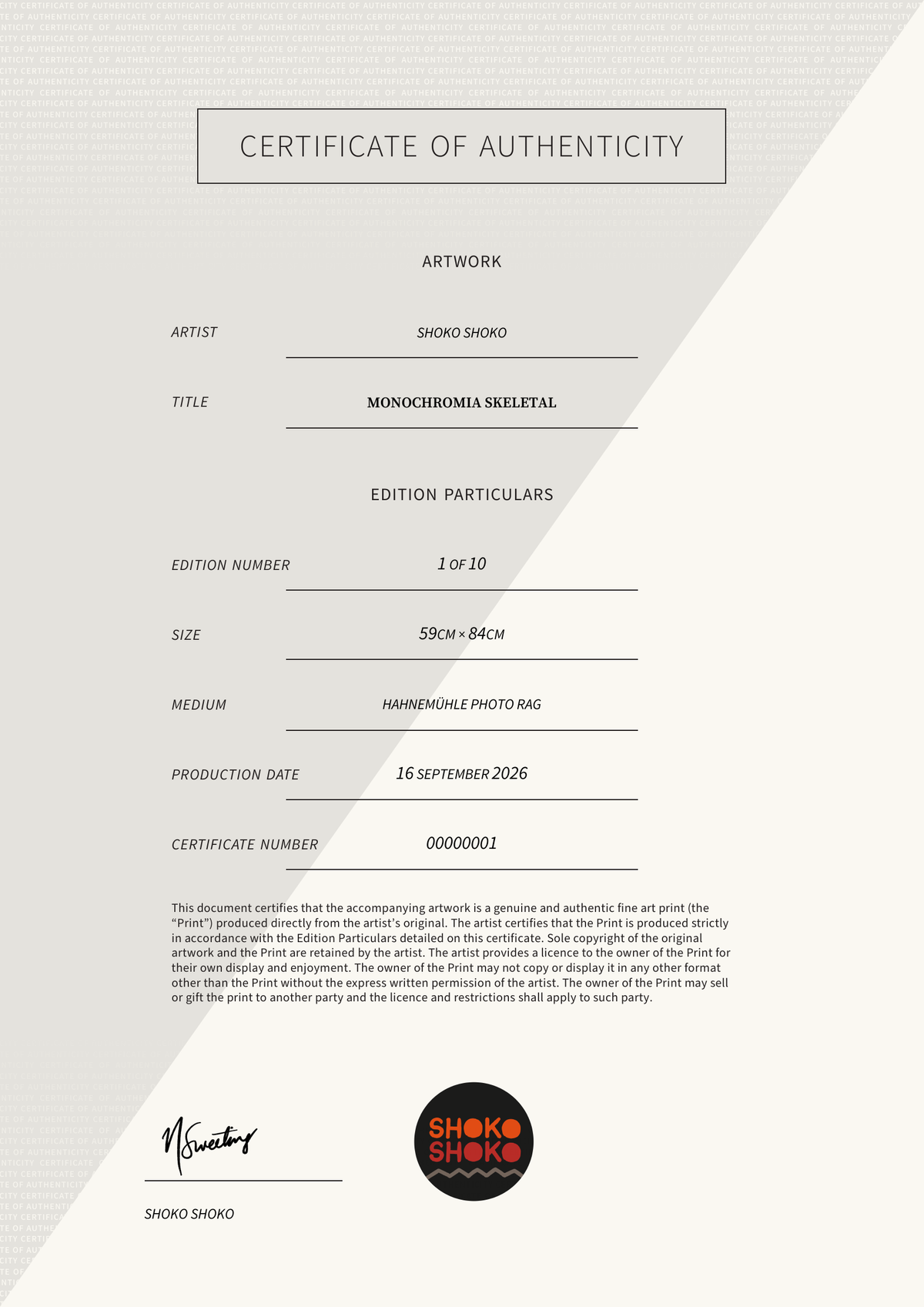 Monochromia Skeletal — Certificate of Authenticity